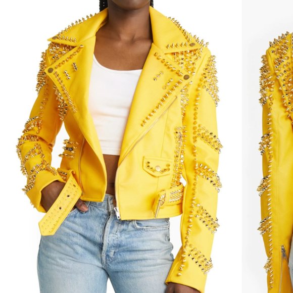 Callie Lives Stasia Dreamin: Azalea Wang Yellow Winter Gold Spiked Moto Jacket L - Picture 4 of 7